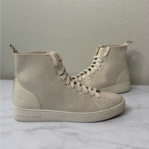 Michael Kors Eddie Knit Lace Up‎ High-Top Sneakers Size 7.5 Gold Metallic Cream